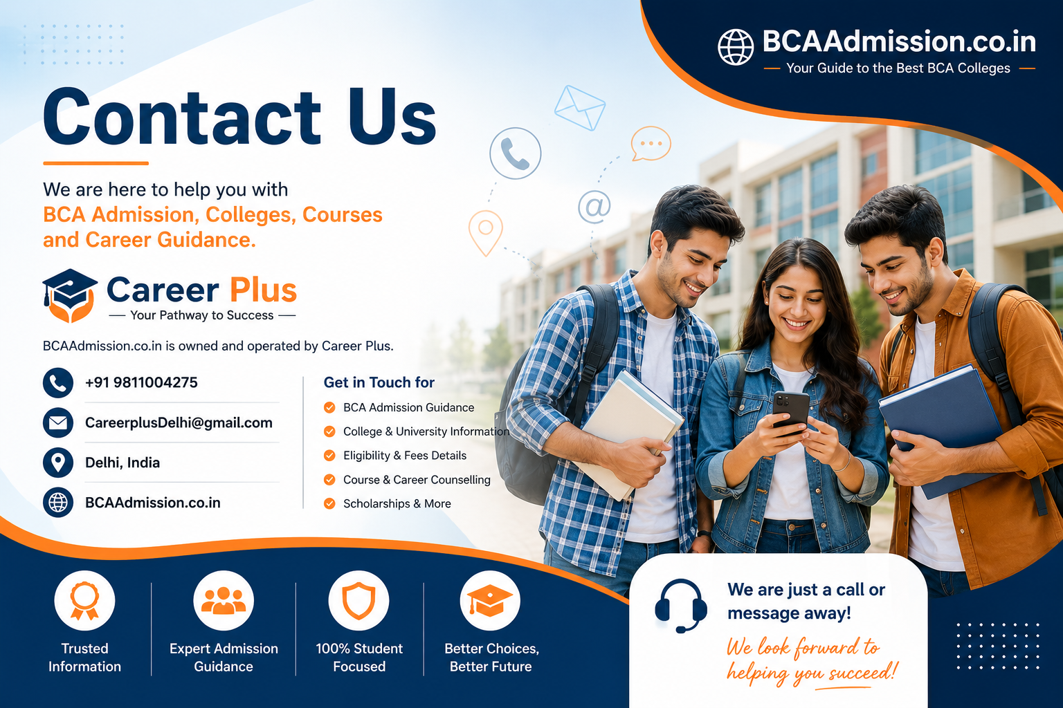 Contact BCAAdmission.co.in and Career Plus for BCA admission guidance